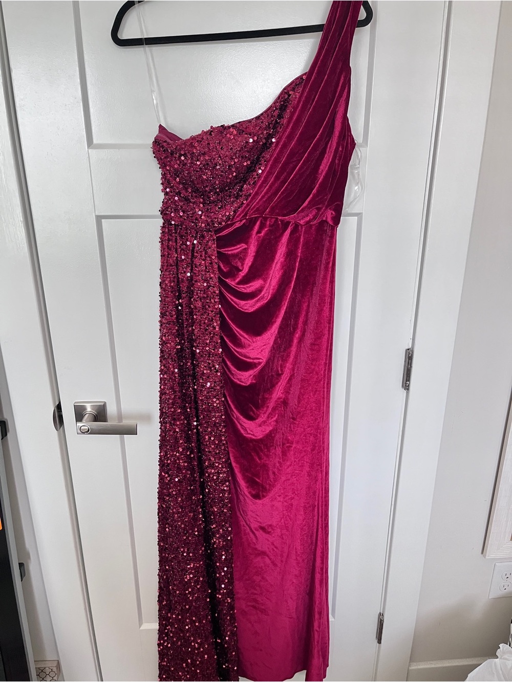 One-Shoulder Red Sequin & Velvet Evening Gown